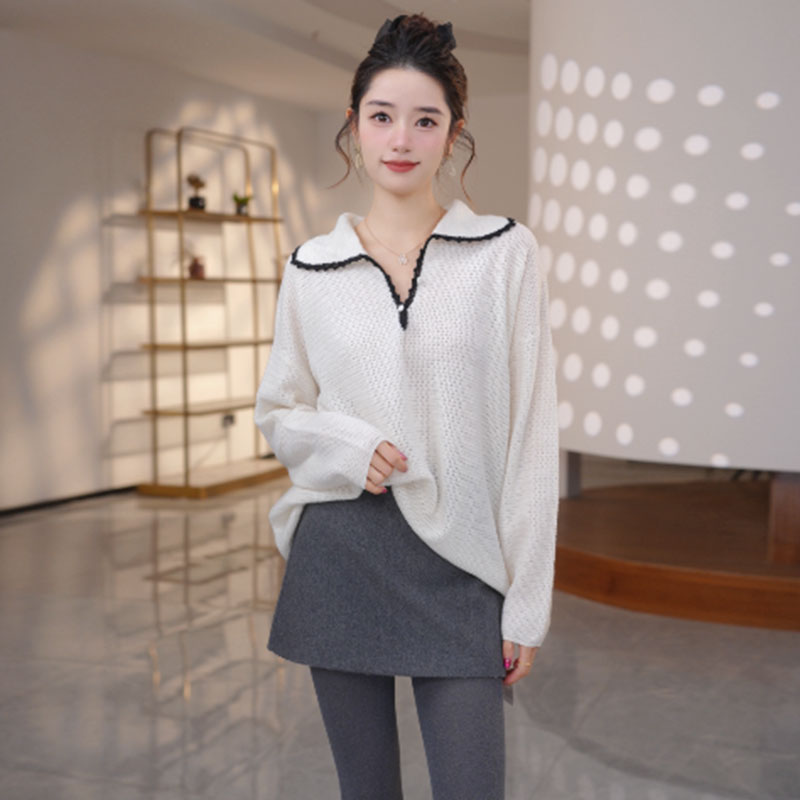 【海盐月光】法式时尚洋气海军领设计撞色花边套头纯羊毛衫255070-1