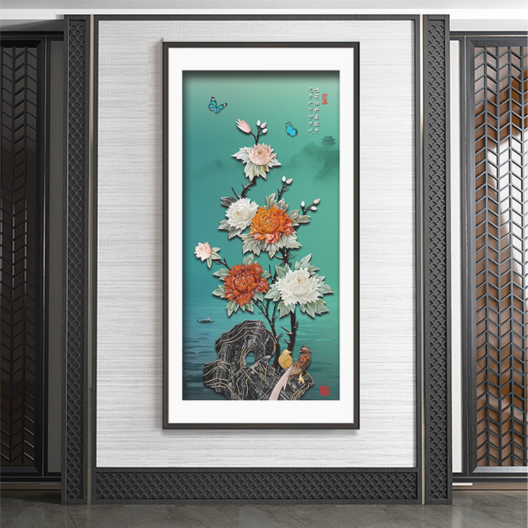 九头鸟手工玉雕画《花开富贵》