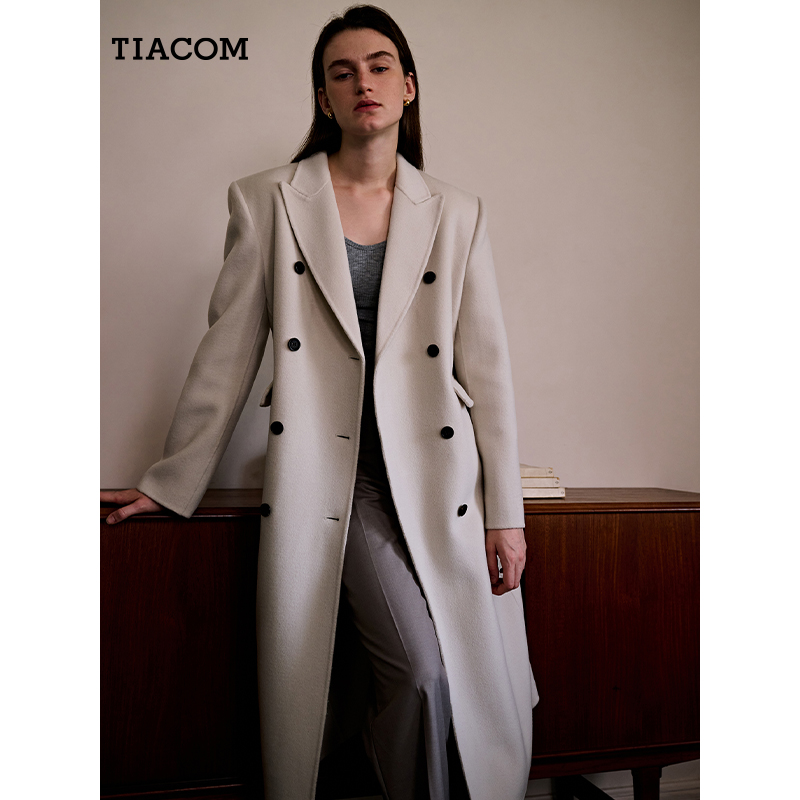 TIACOM从容宁静高级感戗驳领双排扣双面手缝大衣THL7727