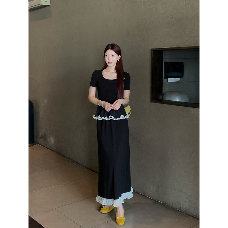 【费城心事】甜辣多多显瘦气质法式拼接荷叶边+松紧腰半身裙(套装)