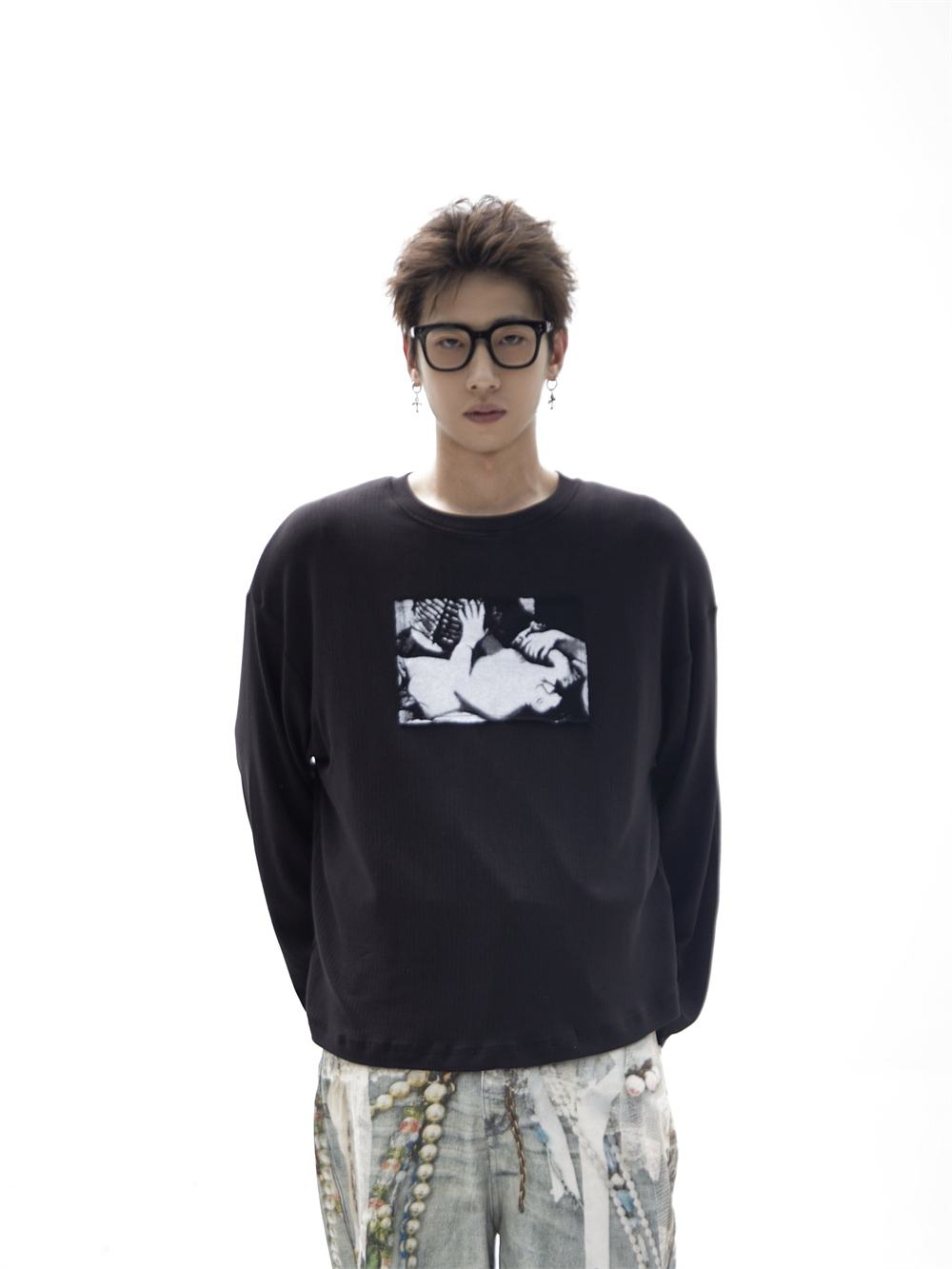 ASHDARK*ERD25SS忧郁的富二代罗纹拼接恶魔集结蛇男孩贴布长袖