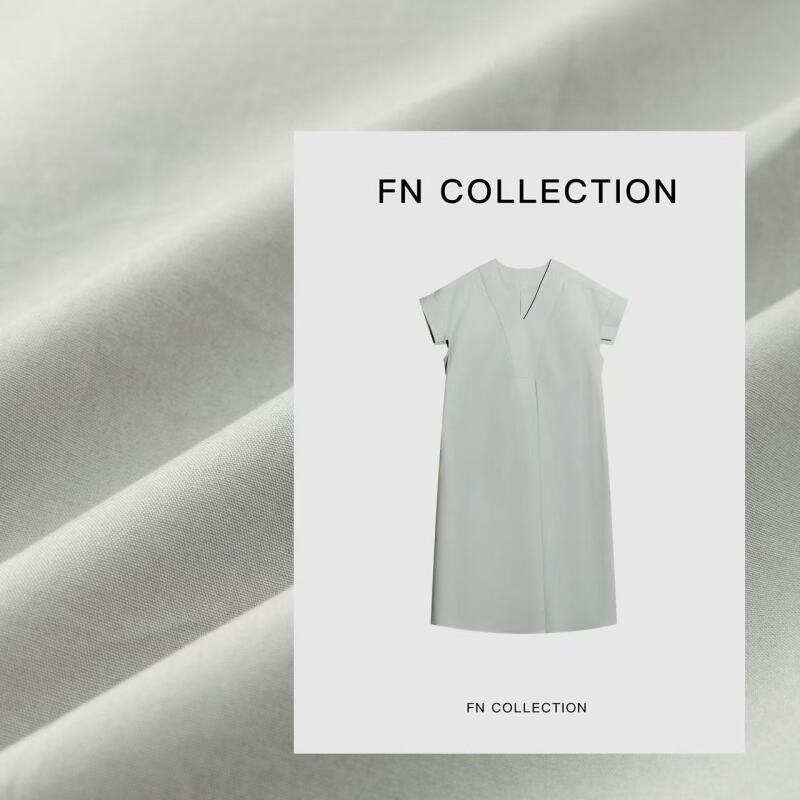 [FN] 40支强捻140g精梳棉混纺简约V领廓形宽松连衣裙