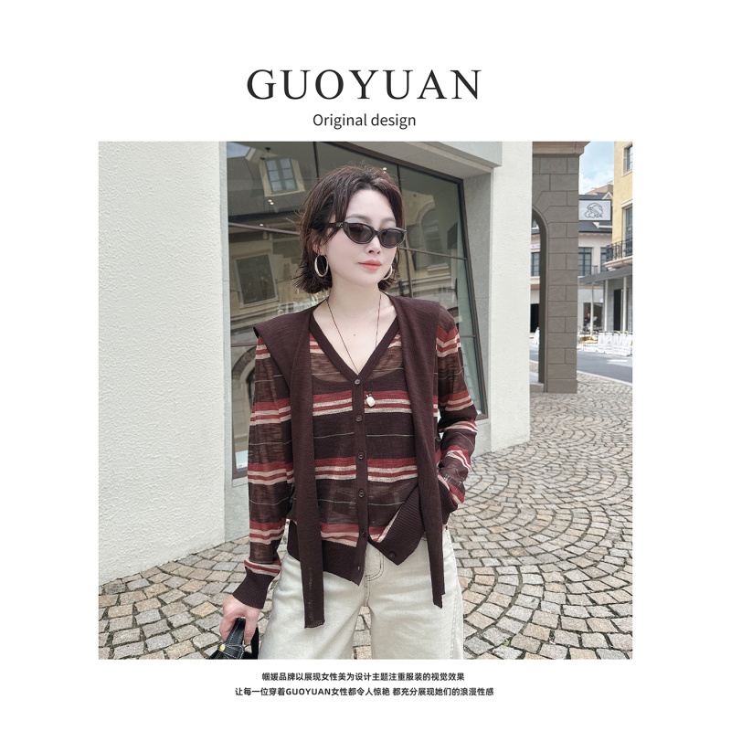 GUOYUAN2025早秋莱赛尔亚麻撞色减龄开衫长袖外套KS38553