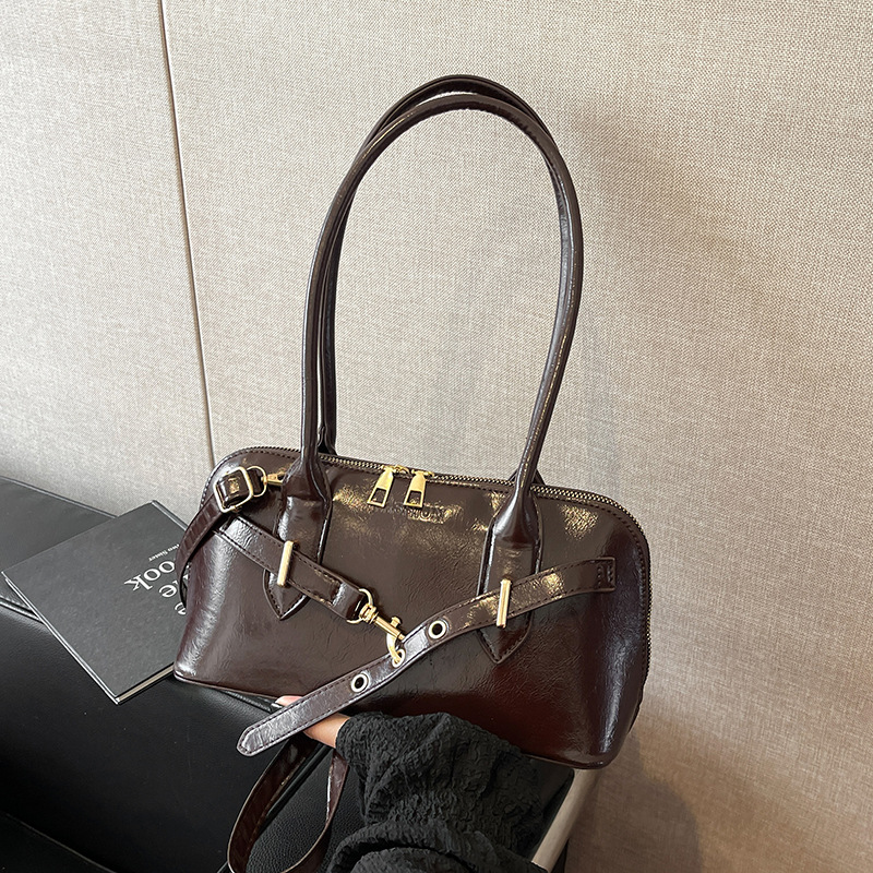 秋冬复古手提通勤包2024新款时尚油蜡皮单肩斜挎包韩国小众腋下包