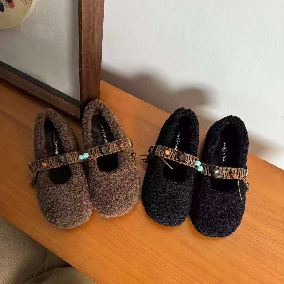 城市游牧风女鞋百搭平底秋冬加绒一脚蹬女鞋加绒毛毛鞋ST951