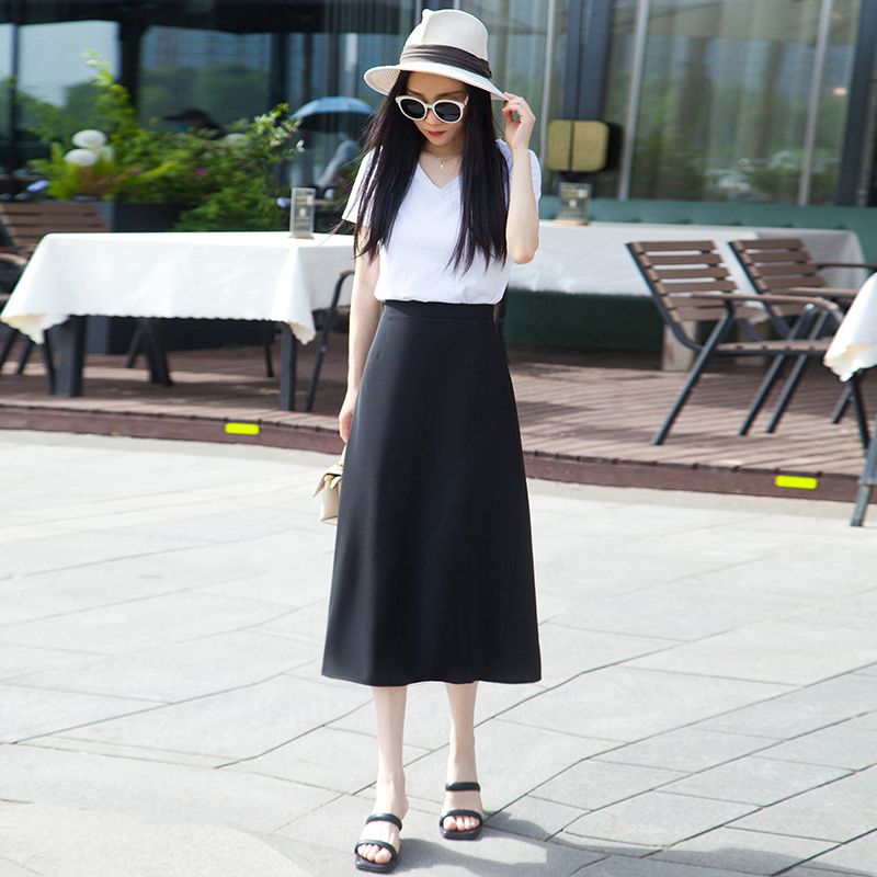 春夏黑色半身裙高腰显瘦气质时尚百搭韩版中长款夏季A字中长裙