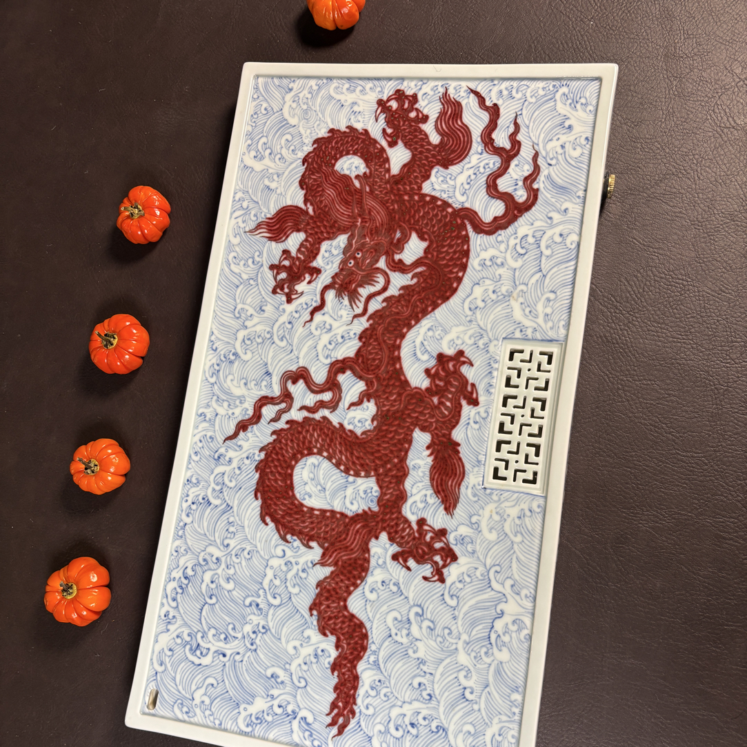 景德镇陶瓷纯手工手绘青花釉里红海浪打底龙纹国风青花瓷泡台家用