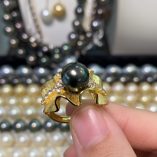 海水珍珠戒指银S925镶嵌9-10
