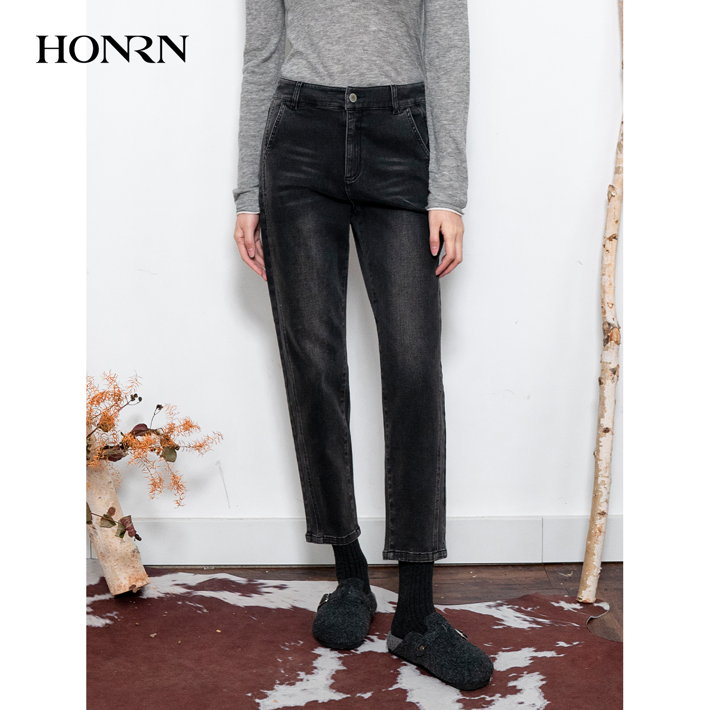 HONRN/红人保暖修身显瘦水洗棉直筒牛仔裤休闲裤女秋冬HI55OK176