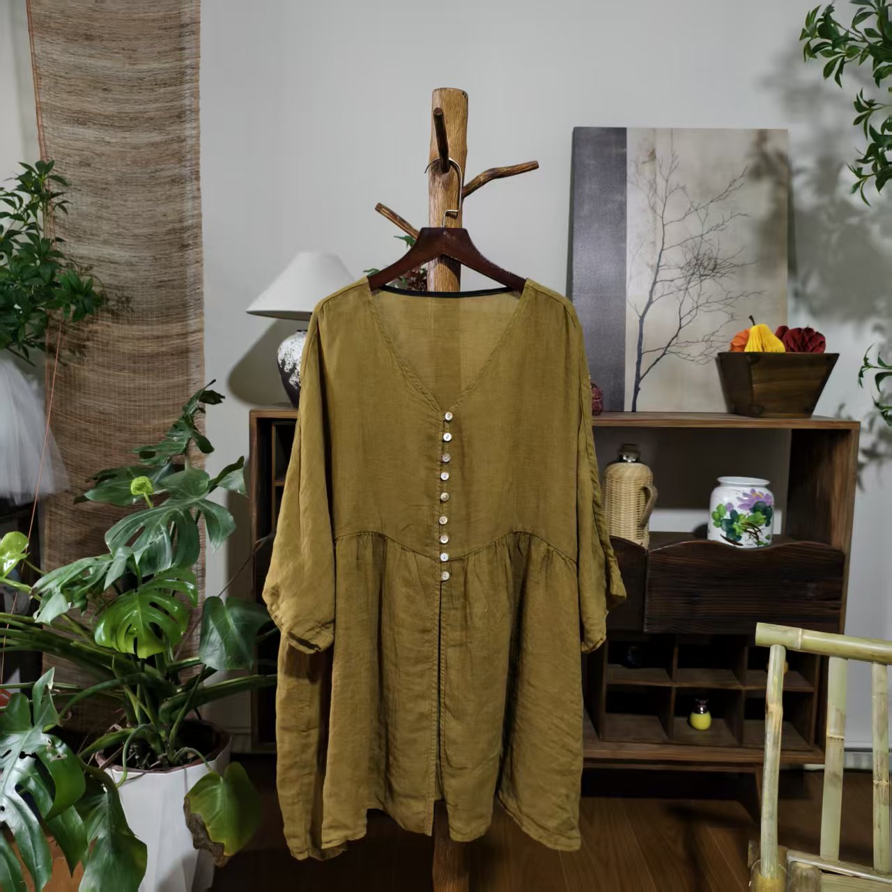 【大梅子推荐】设计款亚麻v领上衣X5938