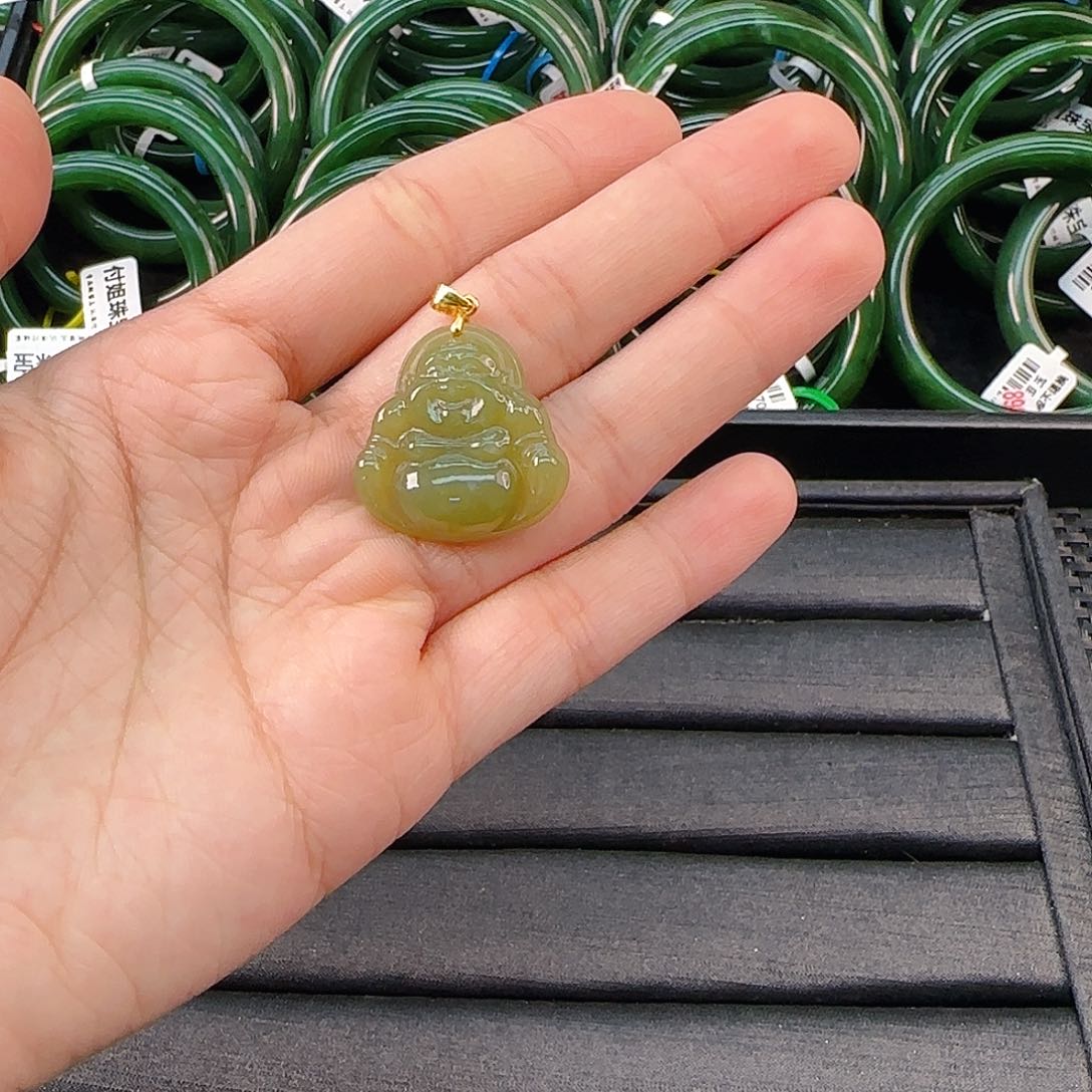 颈饰银S925镶嵌和田玉湖水色佛公卡25