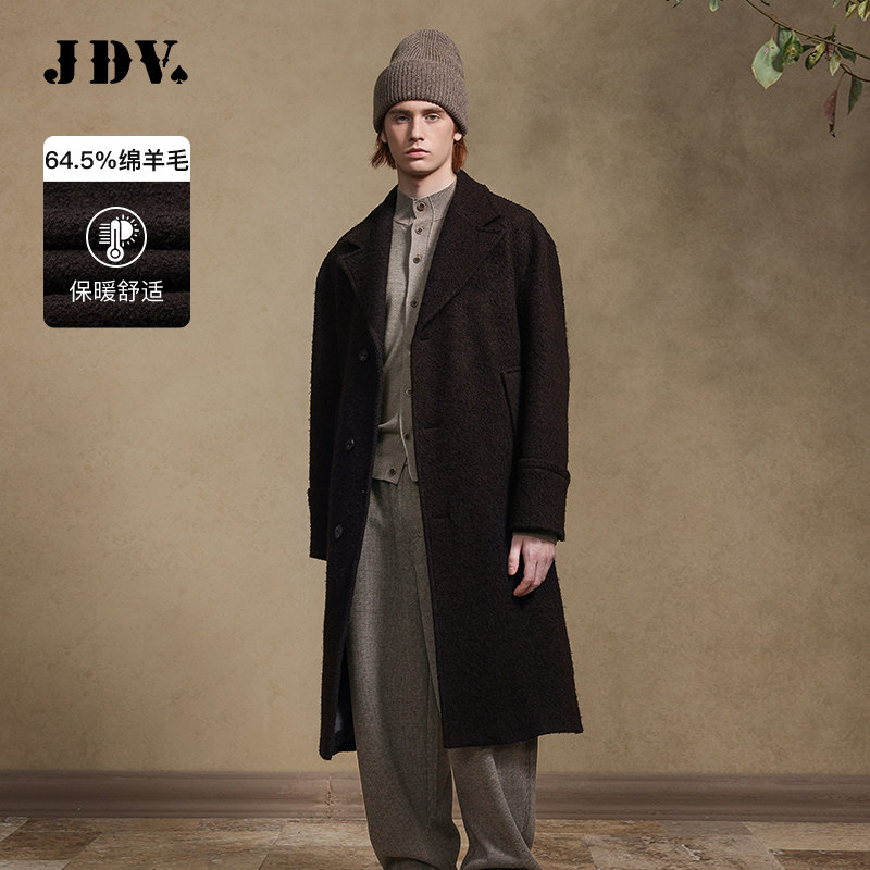 JDV商场同款秋冬棕色翻领宽松绵羊毛呢大衣外套时尚男装WCO4523