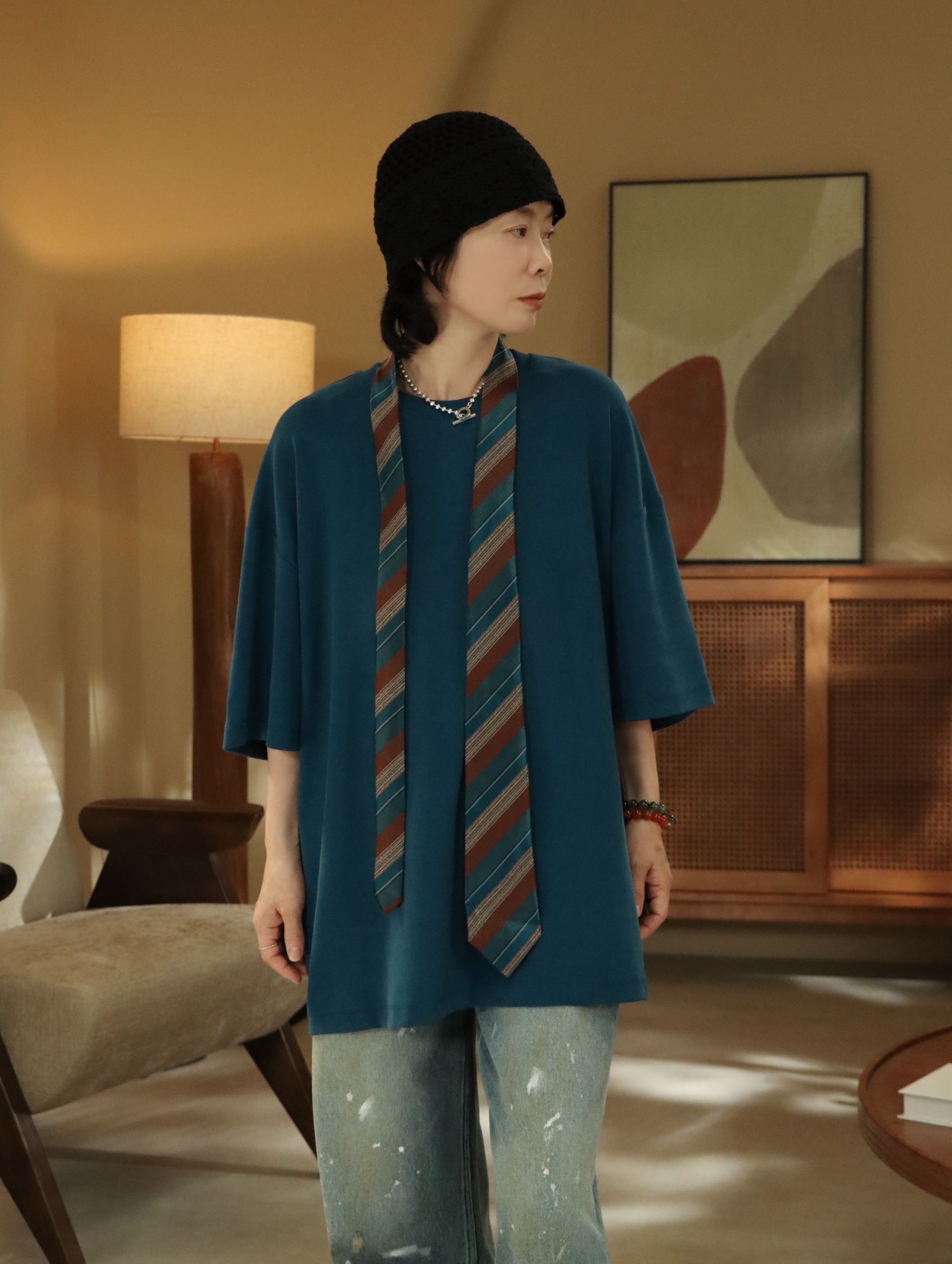 秀文~【寒渊蓝】早秋新款宽松短袖T恤韩系慵懒休闲百搭上衣WZ2032TX