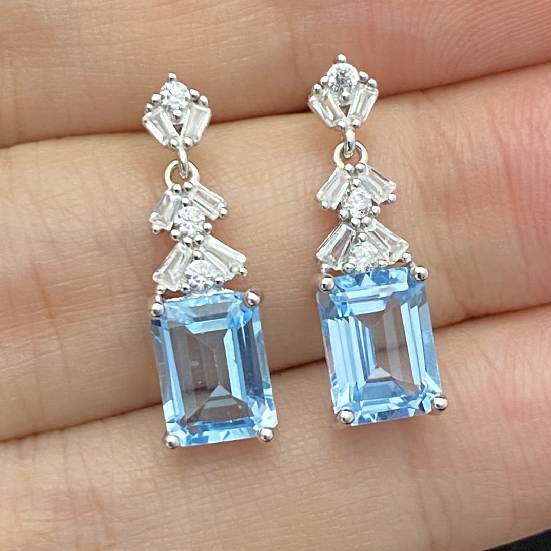 天然天空蓝托帕石耳钉耳饰s925银 方形6*8mm高级经典简约百搭Y2