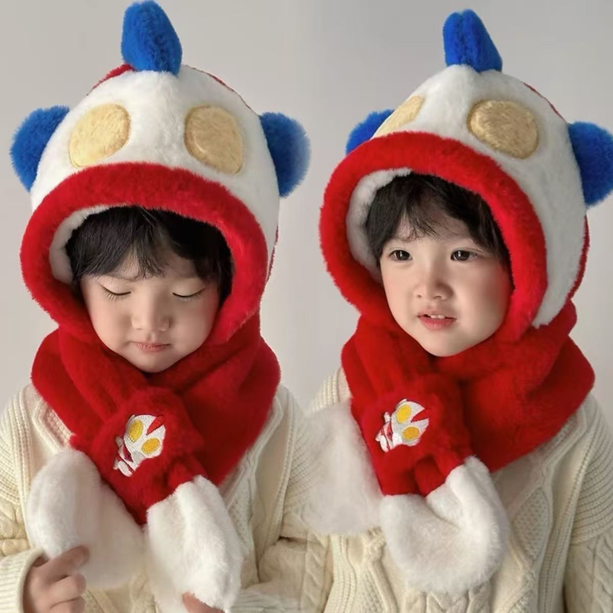 奥特曼儿童帽子围巾一体帽两件套冬季保暖男女宝宝防风加绒加厚S