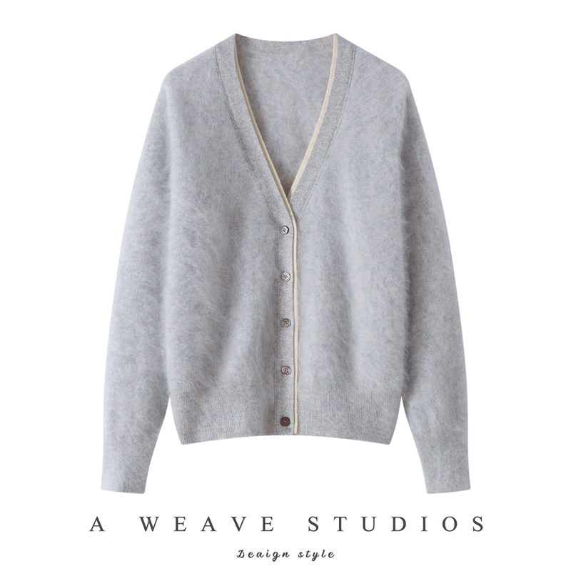 鄂尔多斯市100%纯山羊绒开衫女拉绒假两件毛衣撞色针织长毛外套新