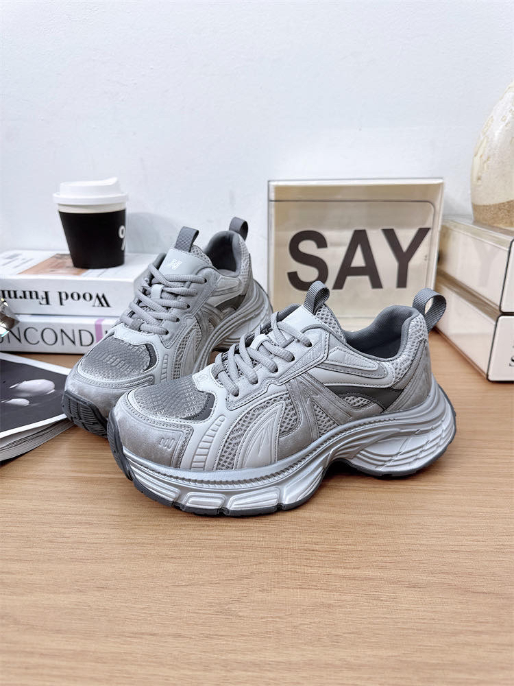 2025春季新款真皮网面透气厚底增高老爹鞋女时尚休闲运动鞋潮1978