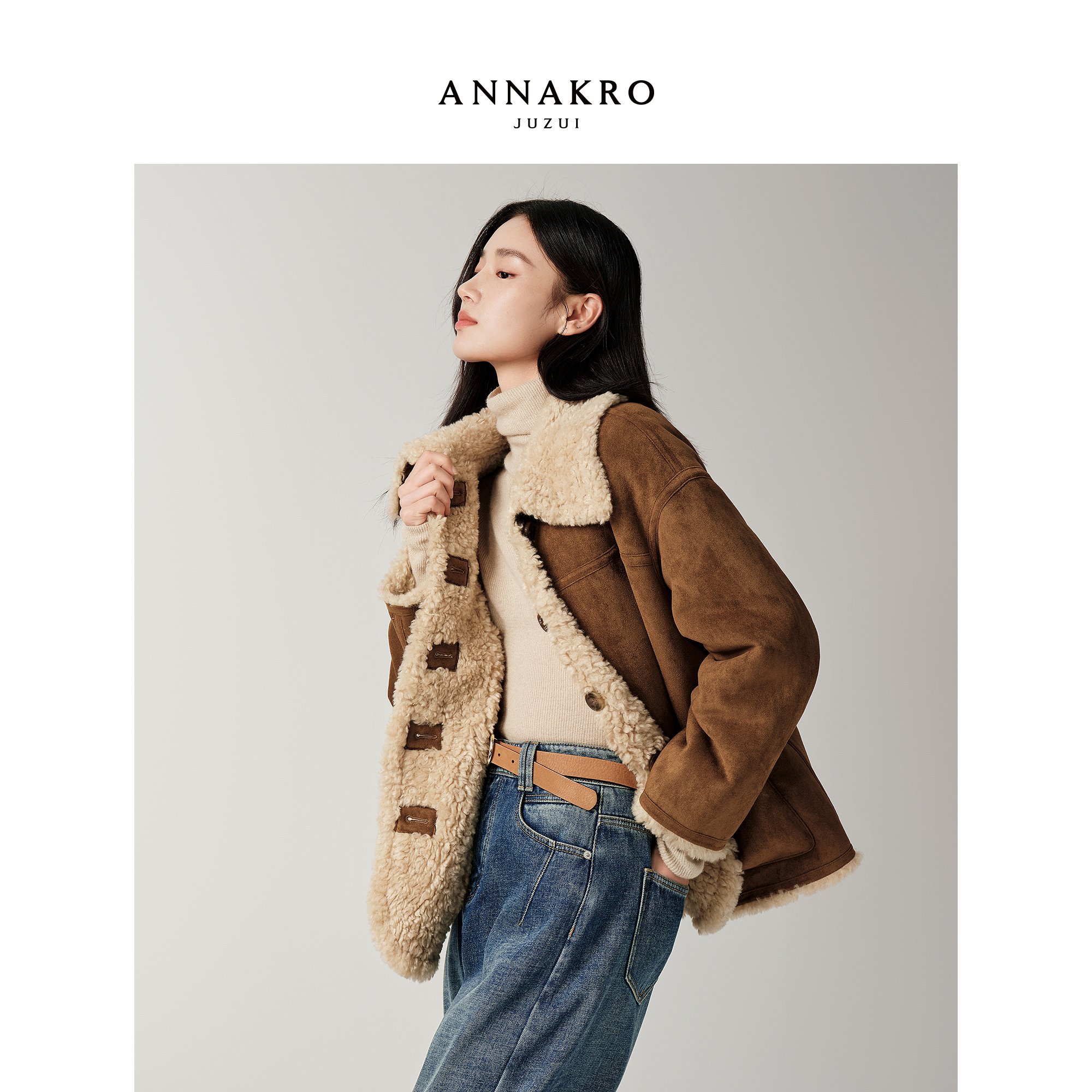 【小余专属】玖姿·安娜蔻KWFD40502夹克外套女冬新款翻领正反两穿