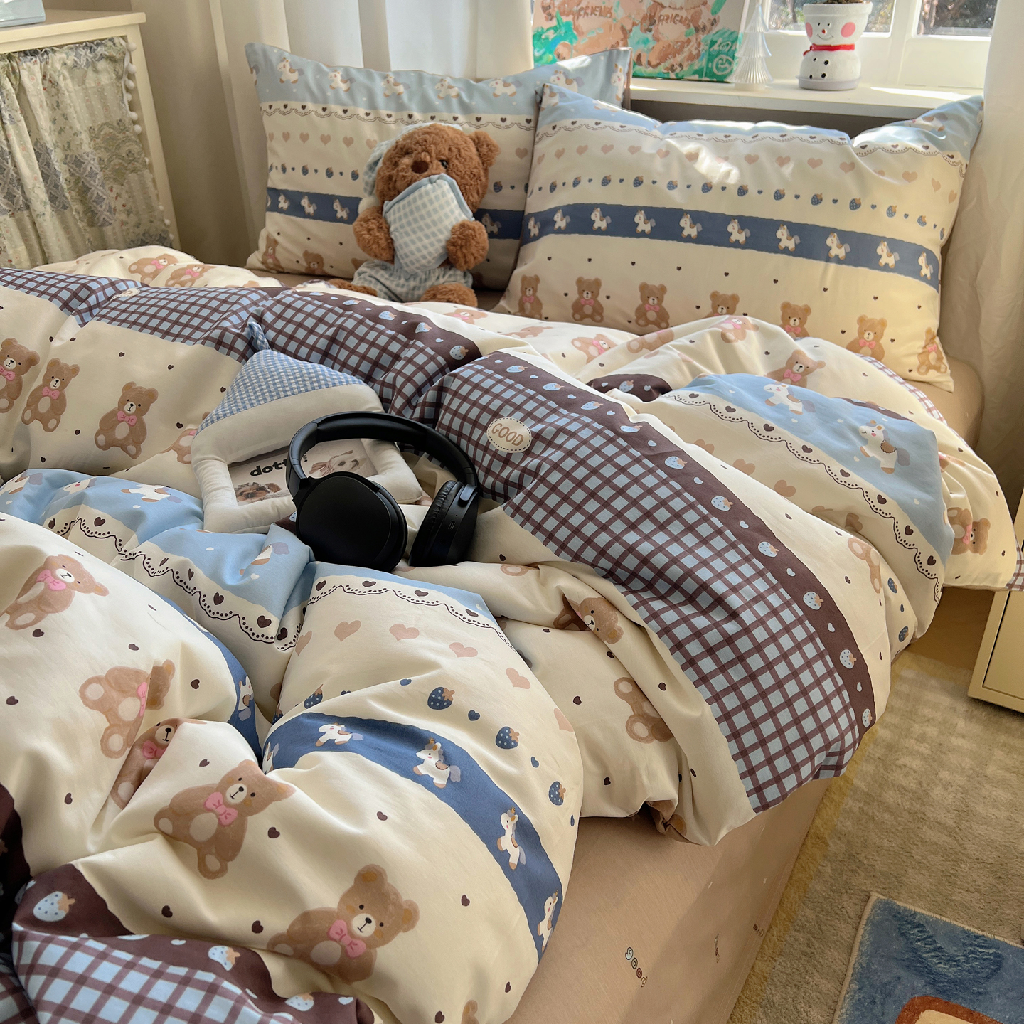 纺臣【费尔岛熊】甜美可爱风100%全棉被套床单四件套纯棉单人三件套