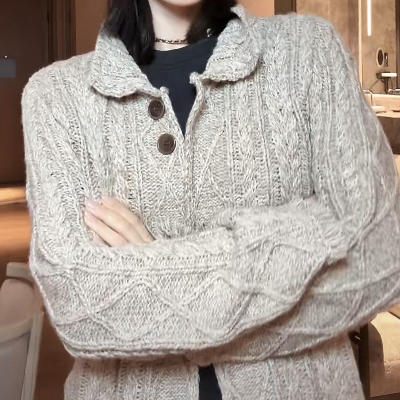 XHCHIC 重磅绞花菱形复古翻领流苏针织毛衣外套