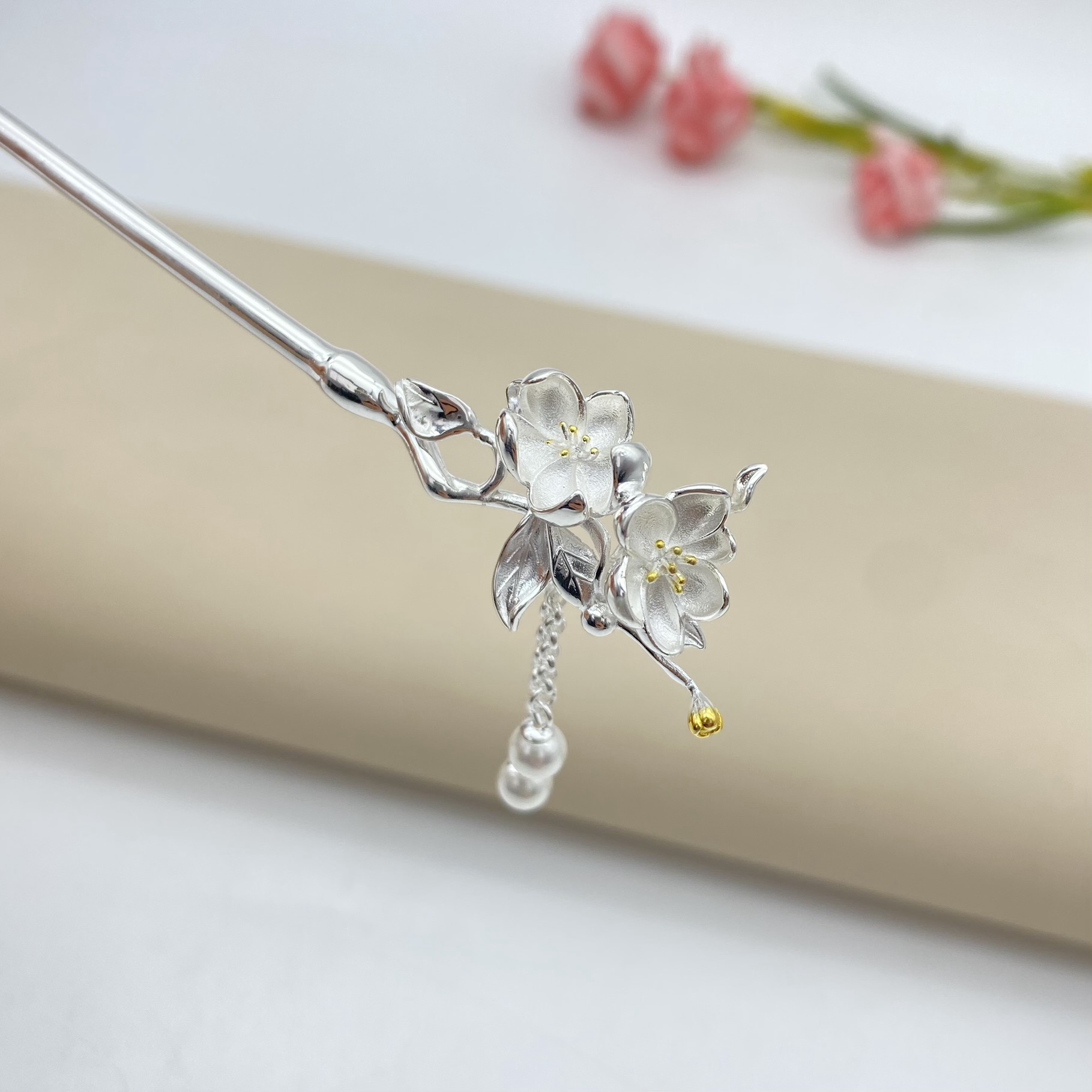 足银银制品 【鎏金桃花簪】足银纯手工新中式礼品素款精致鎏金发簪