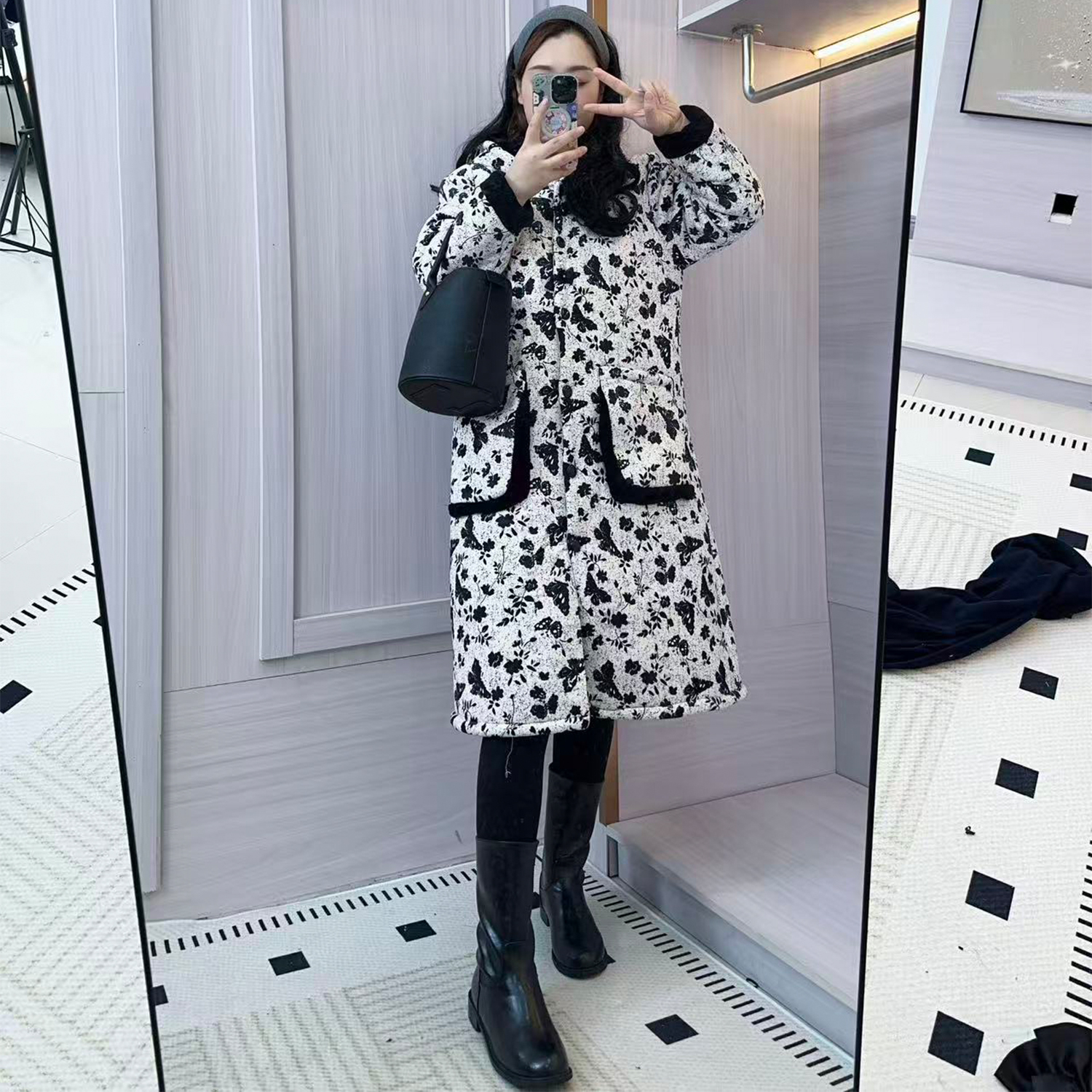 冬季加绒加厚中国风中长款睡衣三层夹棉长款家居服套装W112