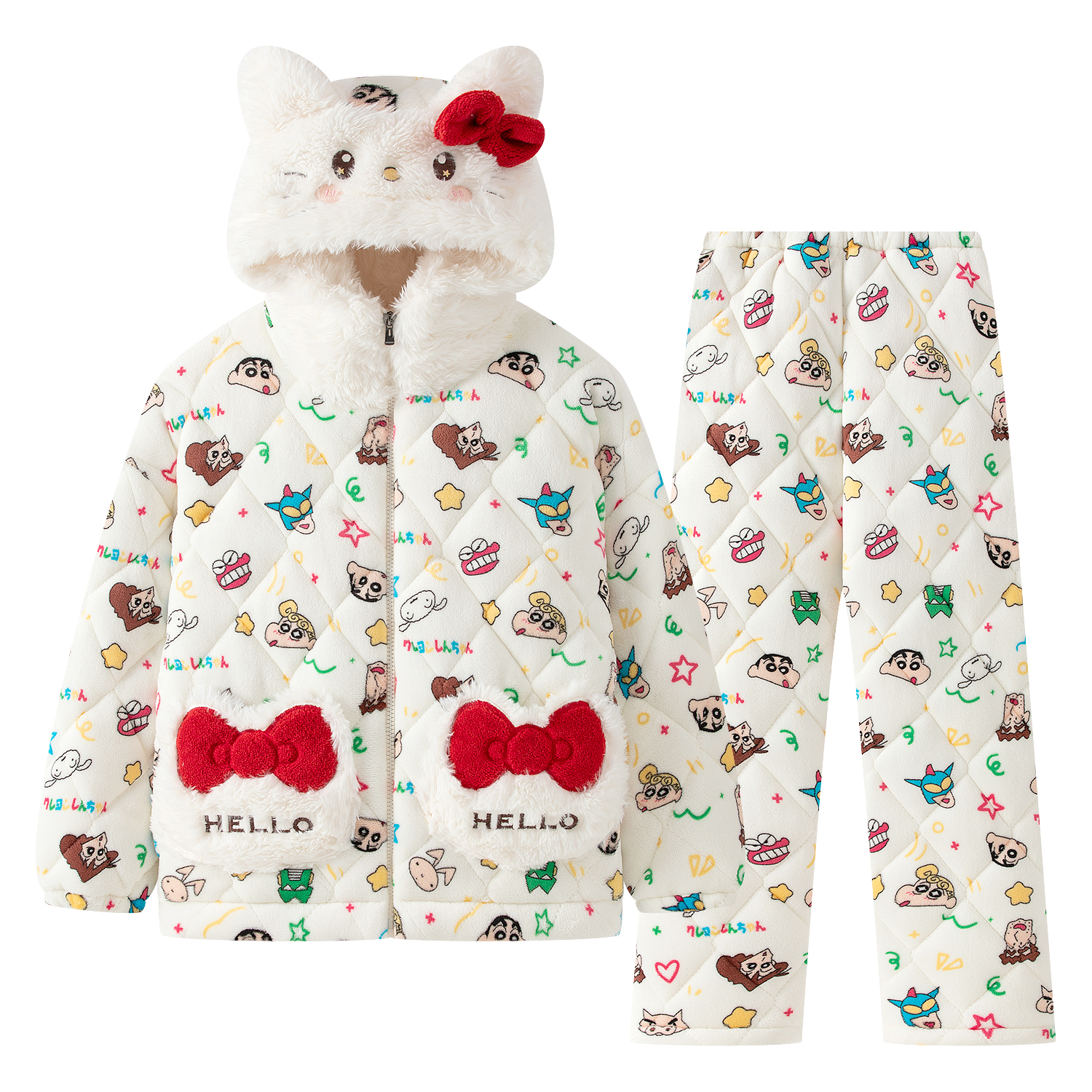 冬季新款三层夹棉加绒加厚保暖睡衣女连帽防寒外套加厚家居服套装