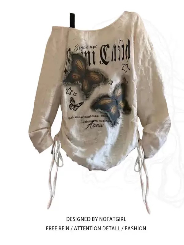 肆   星满天长袖蝴蝶抗起球设计感通勤抽绳T恤ins破洞印花拼接