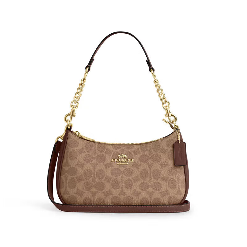 99新 COACH/蔻驰 Teri 24经典老花LOGO焦糖色中号女款斜挎手提包 