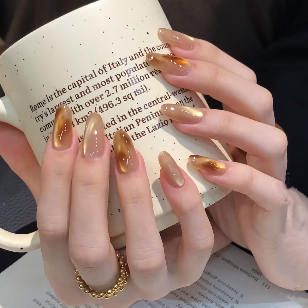 【琥珀拿铁】暮色鎏金晕染显白气质高级猫眼秋冬款纯手工穿戴甲