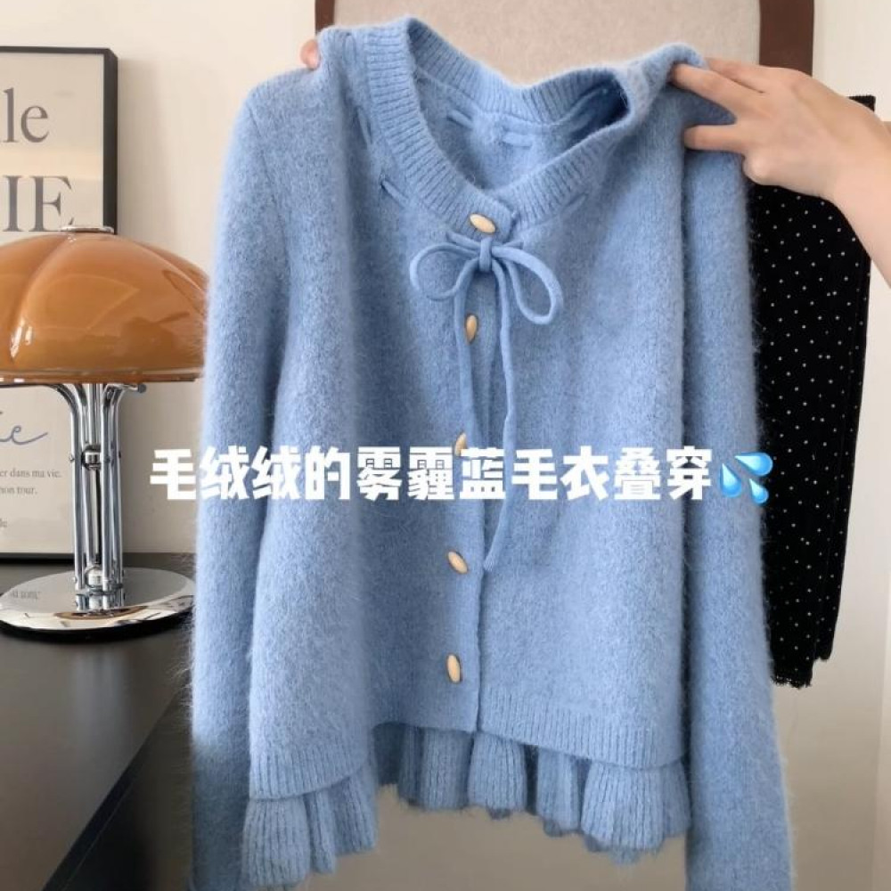 韩系蓝色蝴蝶结系带针织开衫女2025秋冬新款宽松时尚减龄百搭毛衣