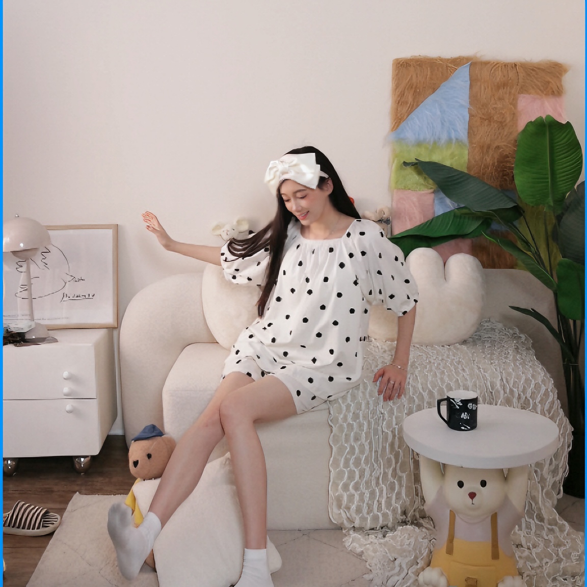【桃子专属】夏天女新款女睡衣波点套头短袖短裤抗菌家居服套装