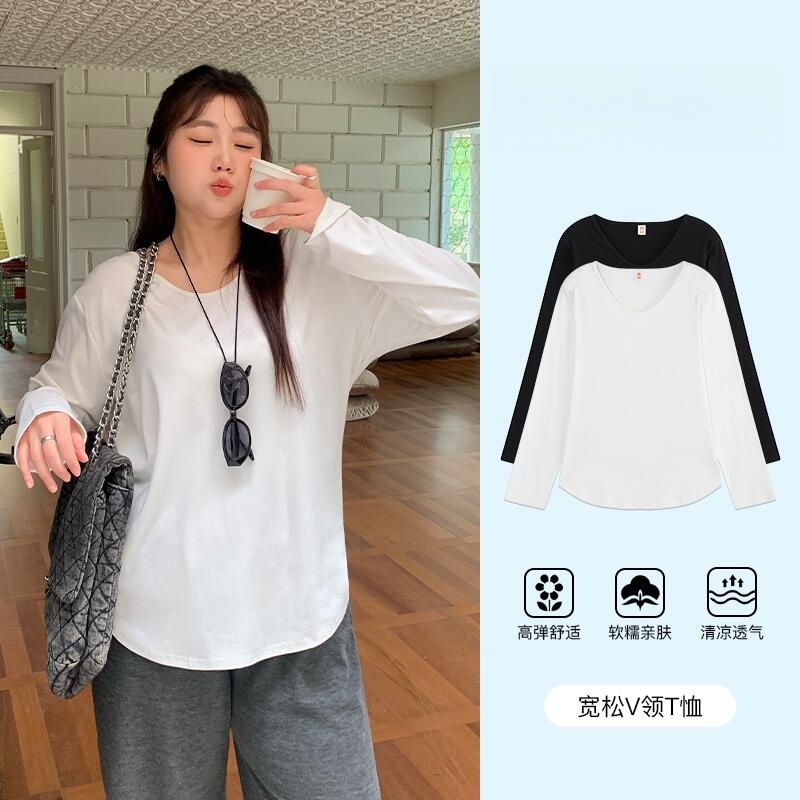 300斤大码女装纯色简约日常打底长袖T恤胖mm宽松显瘦百搭内搭上衣
