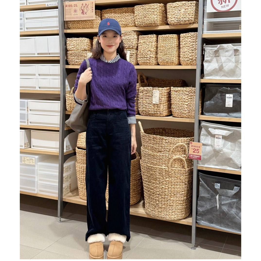 叮叮～心动信号～刺绣撞色直筒设计精梳灯芯绒宽松显瘦休闲直筒裤