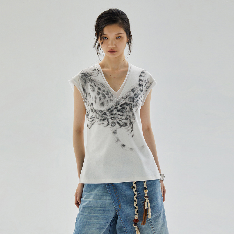 square circle方圆手绘豹猫印花图案V领无袖T恤上衣