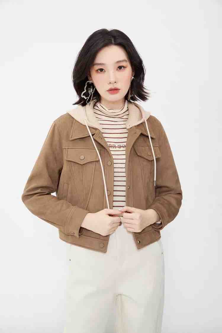 25139长袖常规袖连帽修身型短外套简约气质秋季上衣休闲潮流百搭