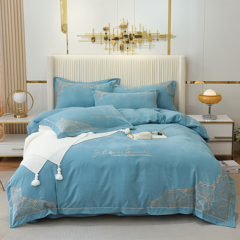 【盛放】水绿轻奢简约原棉双斜纹棉四件套绣花被套圆角大床单