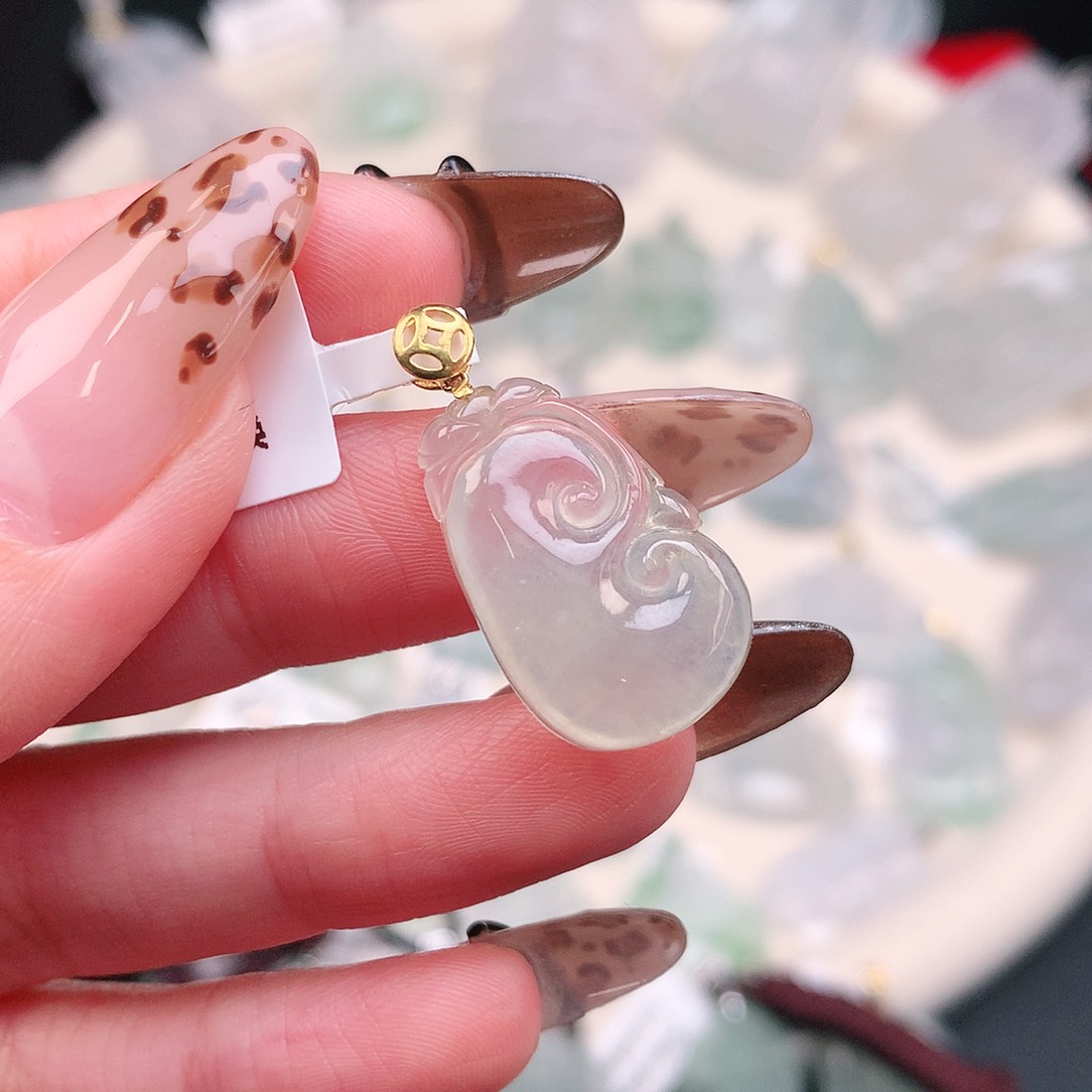 翡翠颈饰18K金镶嵌冰晴如意26、21、13.5、5