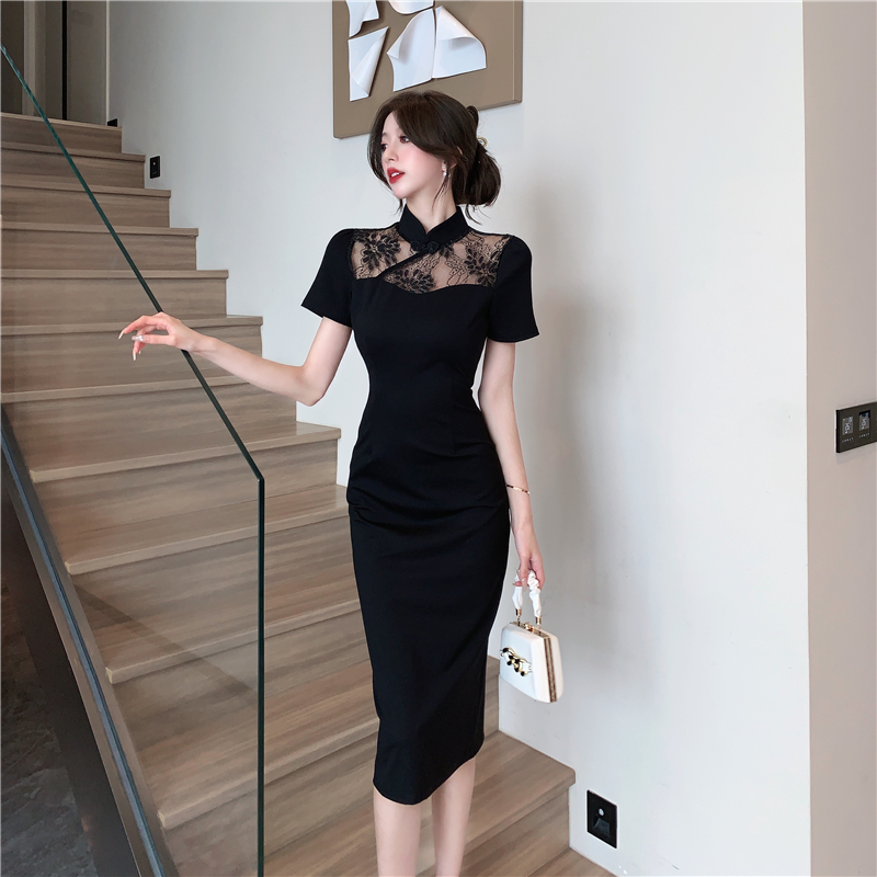 国风镂空蕾丝性感高腰显瘦长款开叉旗袍连衣裙