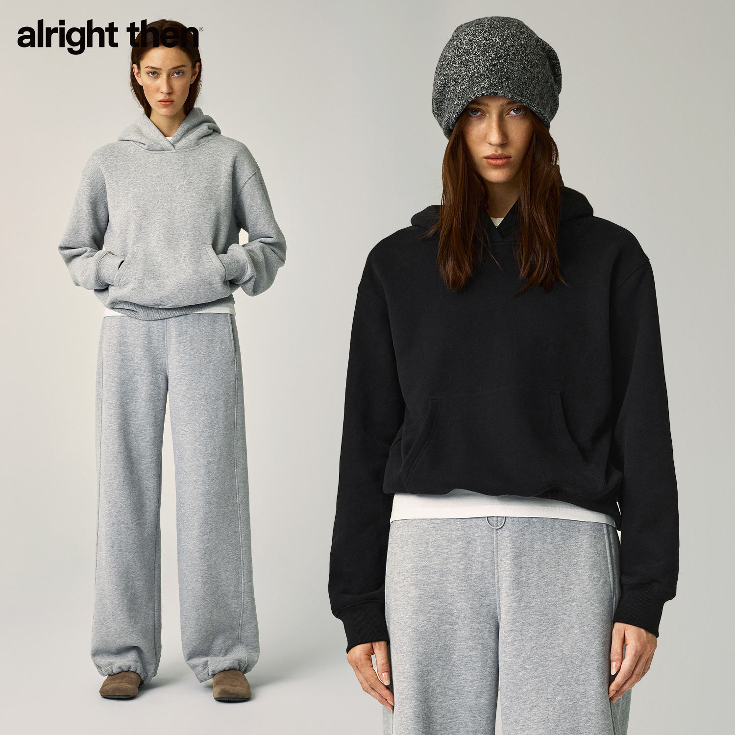 alright then100%棉宽松微落肩连帽套头加绒卫衣