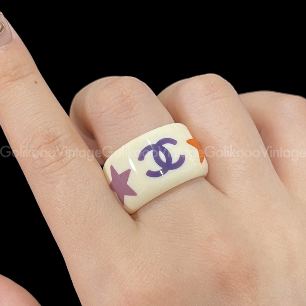 95新 Chanel/香奈儿 彩色亚克力双C星星戒指 YU80126990