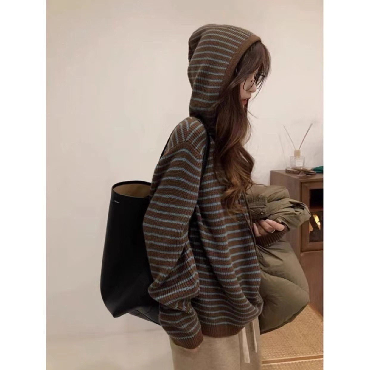 腈纶50%2025新款条纹连帽毛衣初秋季女装小个子短款慵懒风宽松外