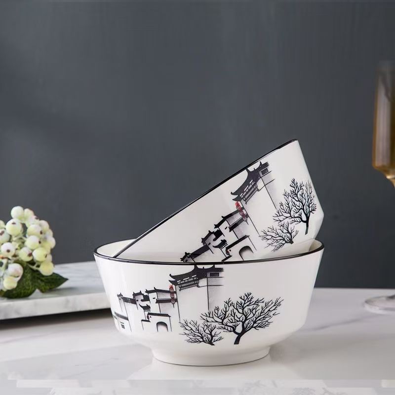 景德陶瓷江南水乡大碗一对带勺