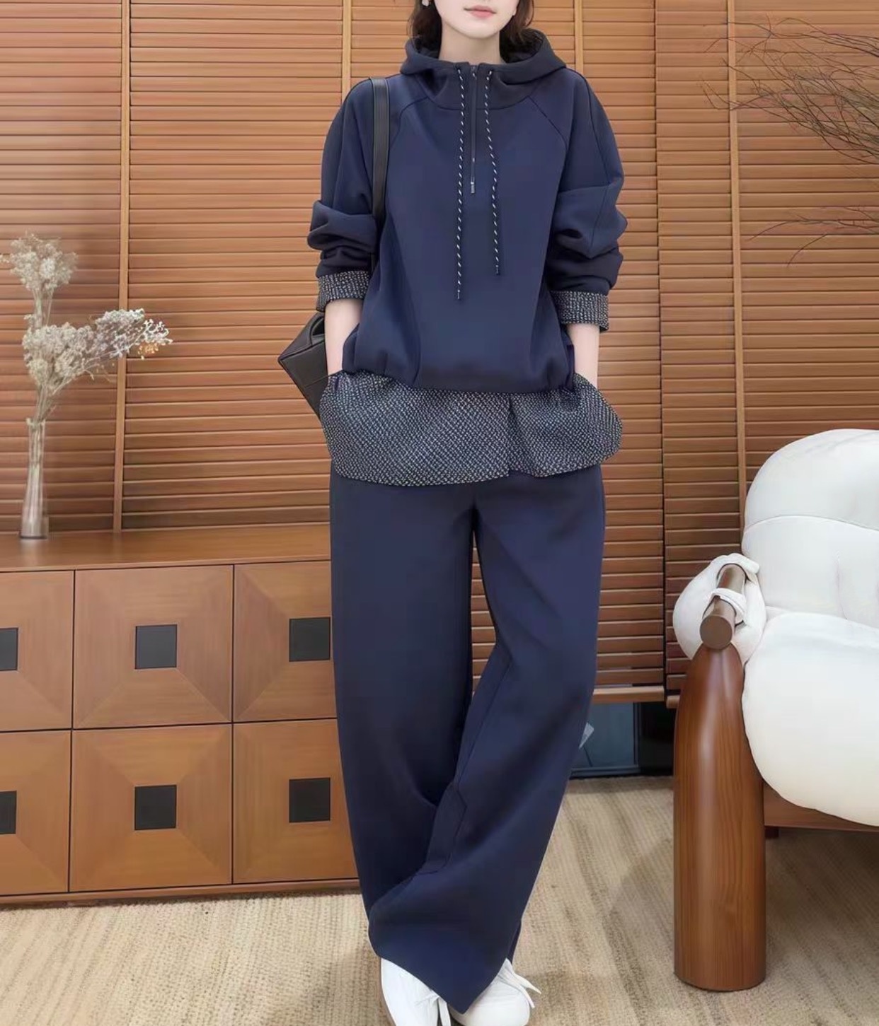 奇奇家时尚韩版大码女装2025秋季新款设计感拼接两件套休闲套装
