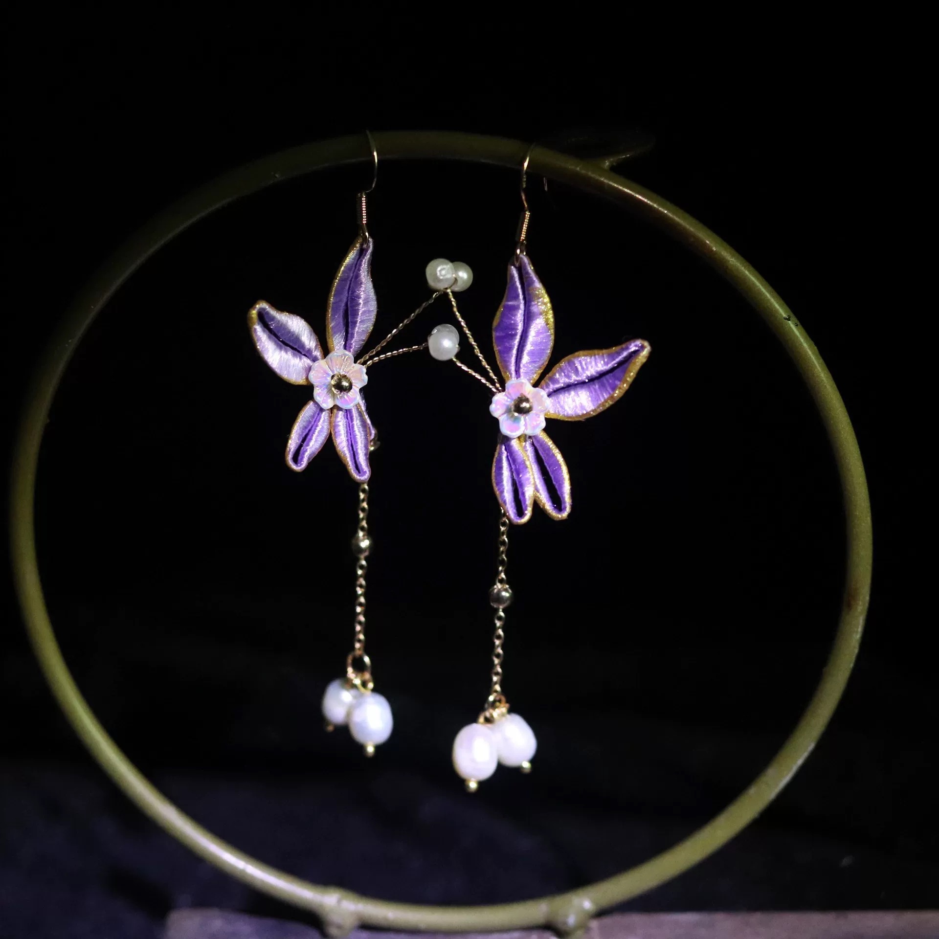 288紫色缠花耳钩蚕丝点翠非遗掐丝绒花新款耳环日常