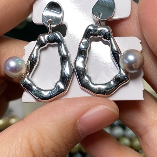 海水珍珠耳饰银S925镶嵌7-8