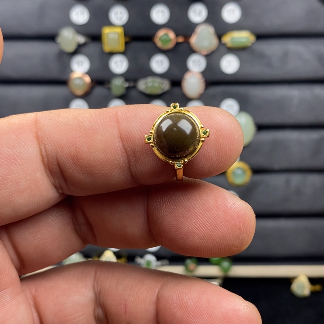 和田玉（糖玉）戒指银S925镀金镶嵌