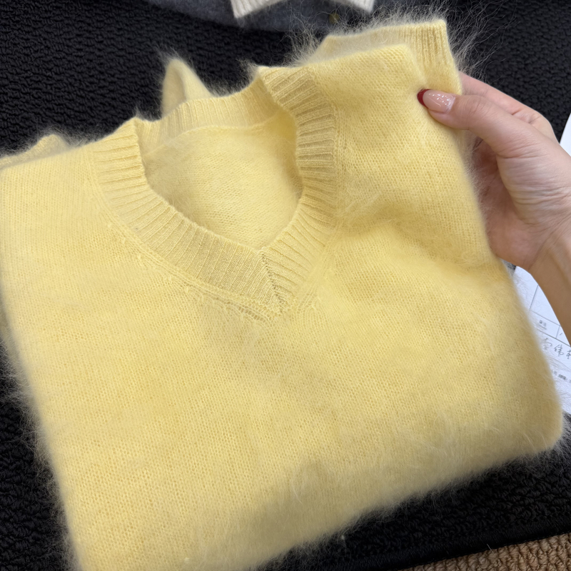 软糯糯~100纯羊毛拉绒《衣长62胸围58》工艺V领毛衣女~FF24