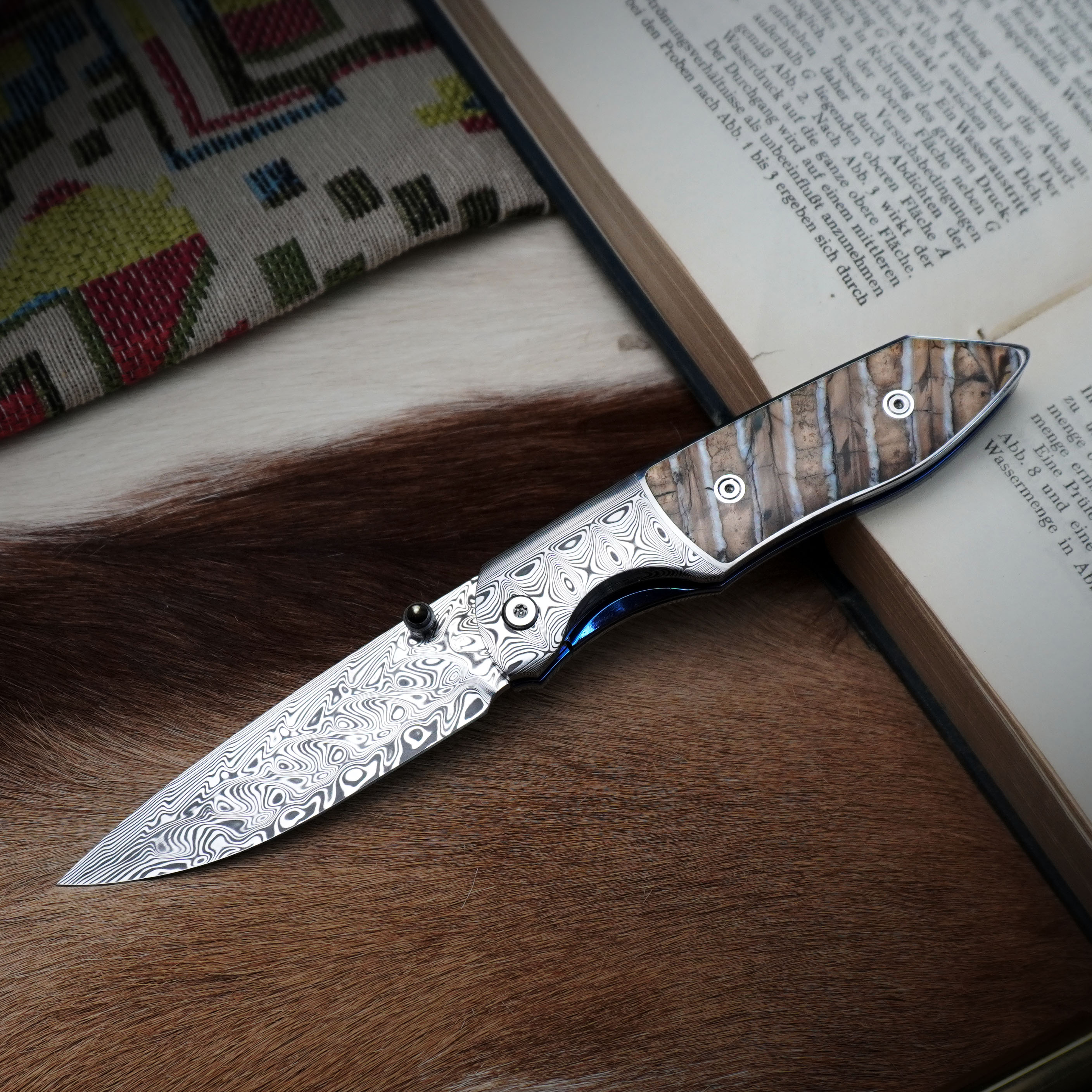 留金艺术瑞典粉末不锈钢大马士革钢瑞粉户外多功能水果刀