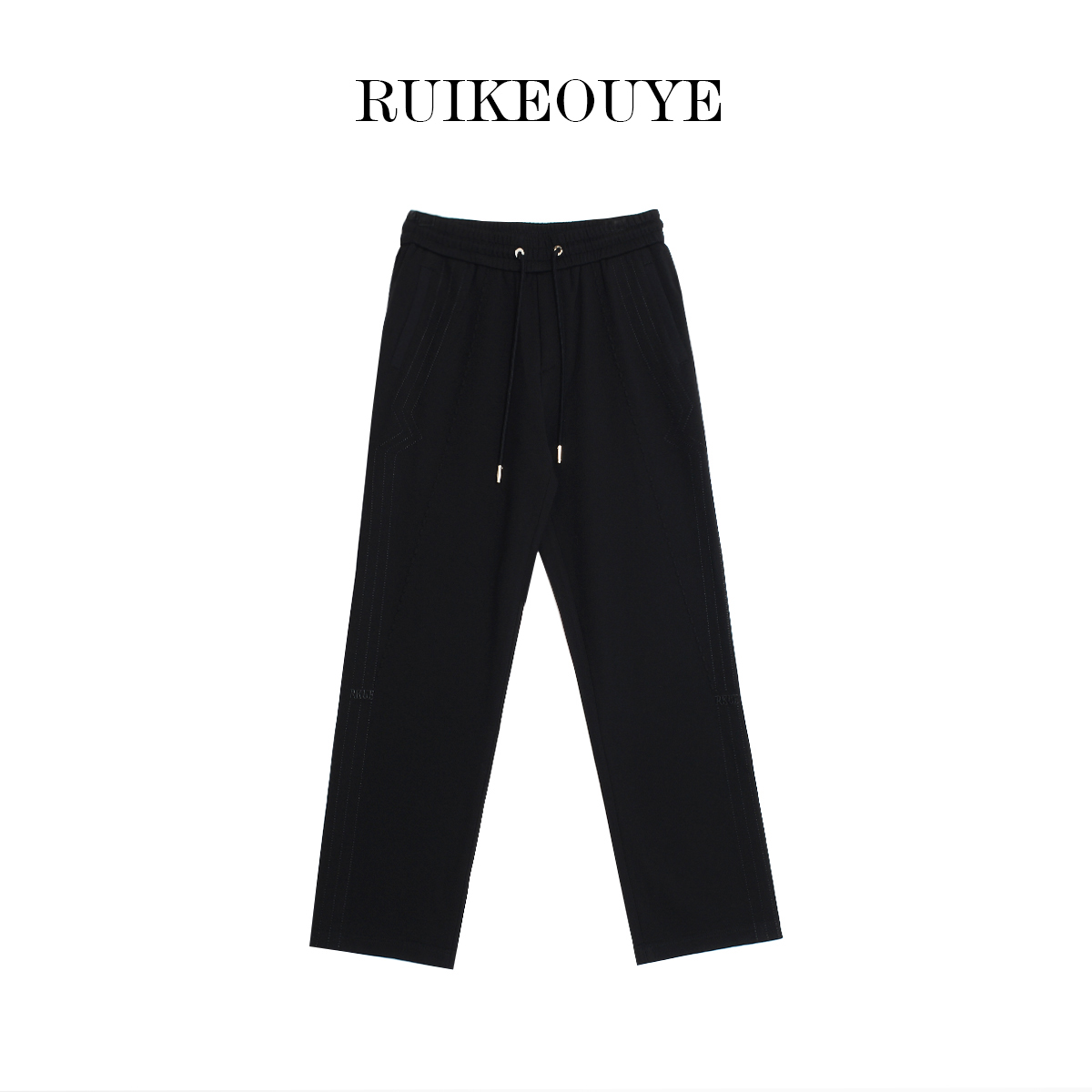 RUIKEOUYE秋冬厚款字母拼接系带直筒宽松拉绒磨毛男士休闲裤青年